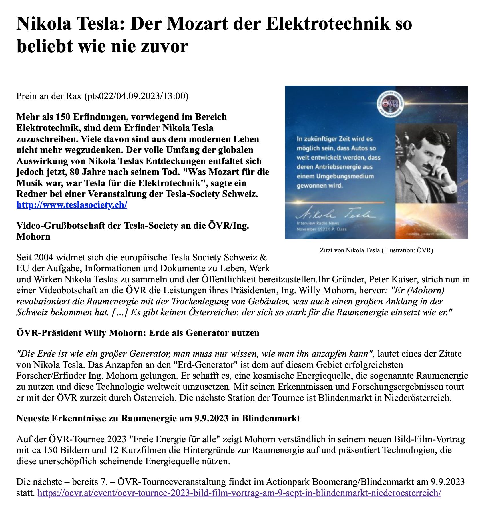 Presse &Ouml;VR September 2023 Nikola Tesla
