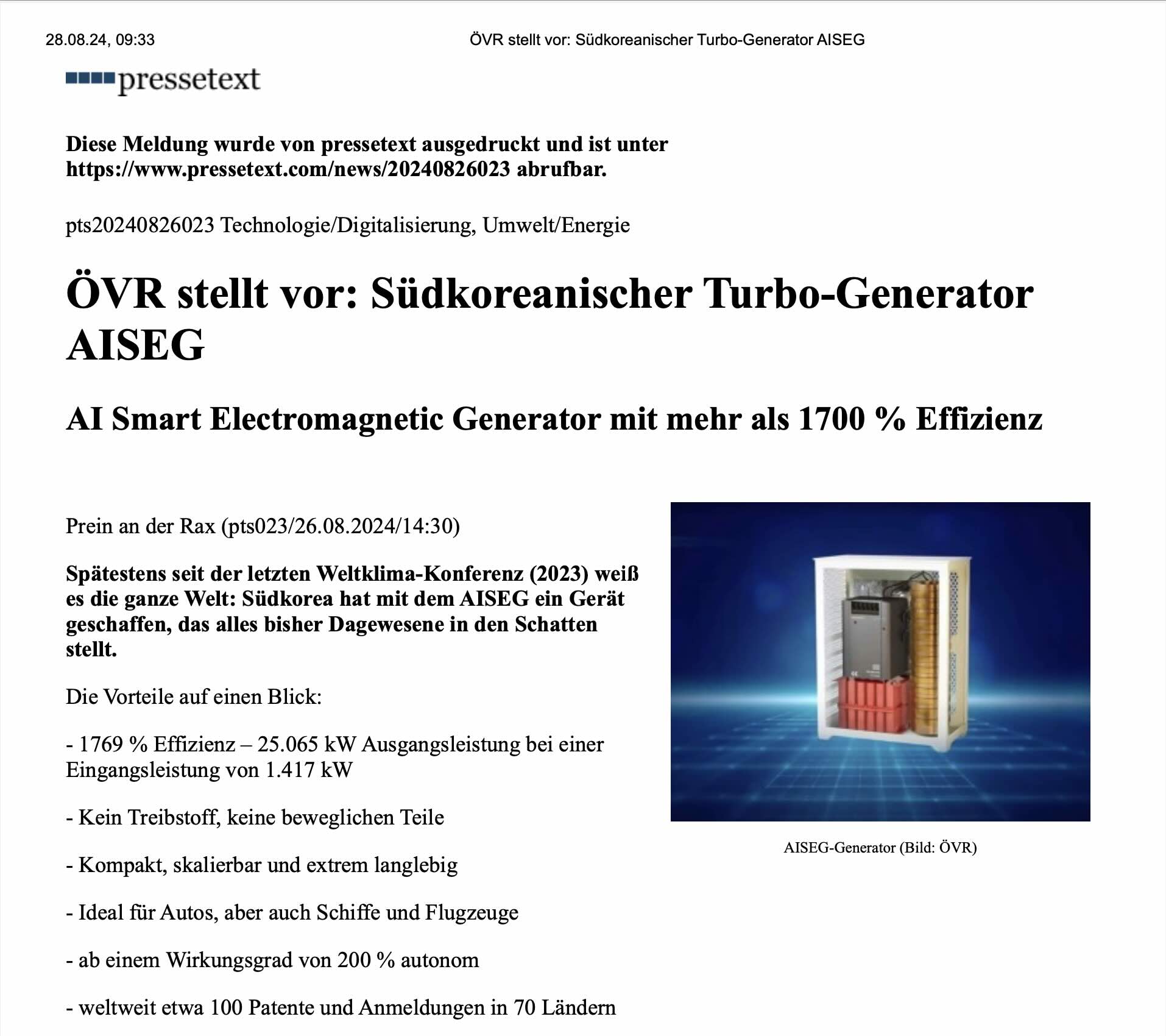 Pressetext: &Ouml;VR stellt vor: S&uuml;dkoreanischer Turbo-Generator AISEG